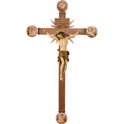 Cristo Pisa en cruz con Evangelistas y rayos con Titulus Crucis en hebreo - latín - griego